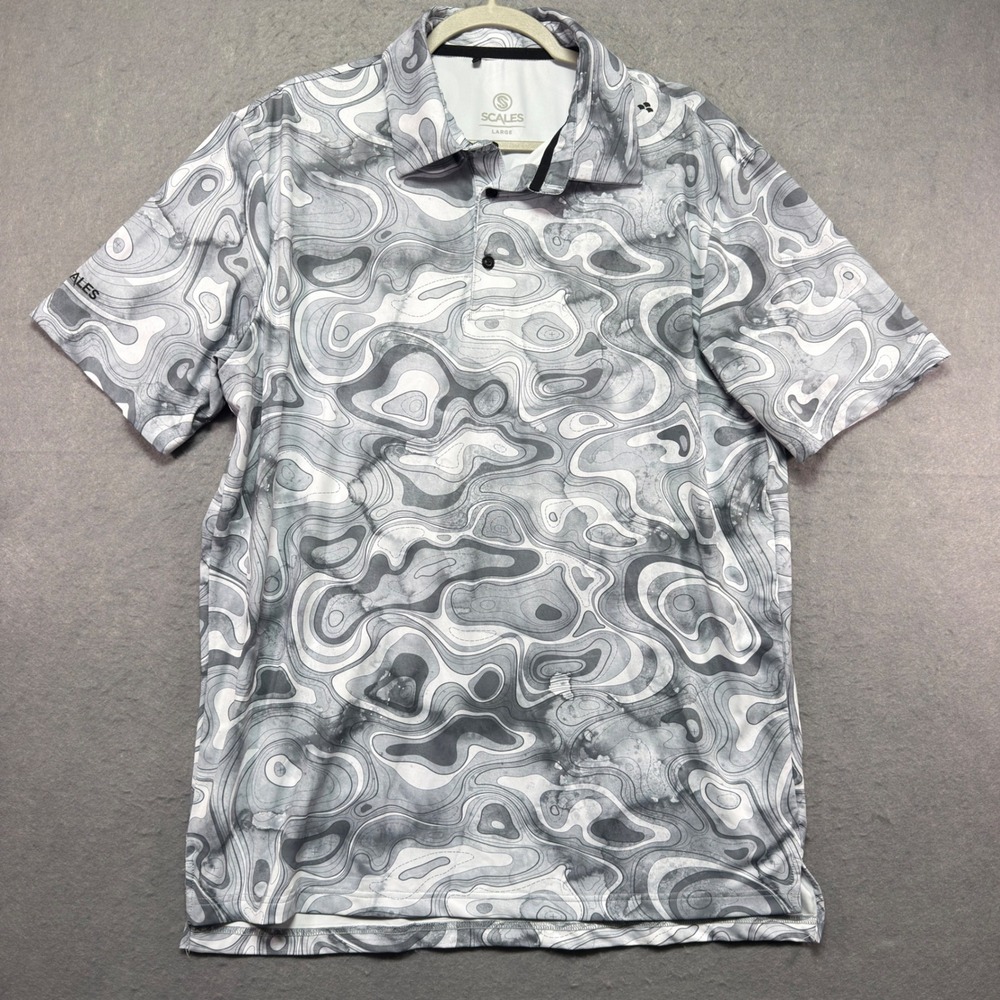 Scales Gear Mens Topographic Print Performance Polo Shirt Grey White Large L